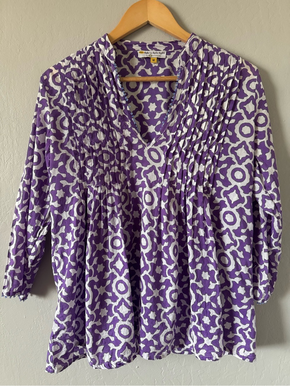 Roberta Roller Rabbit Purple and White Printed Women's Tunic Top w/ Beading Med